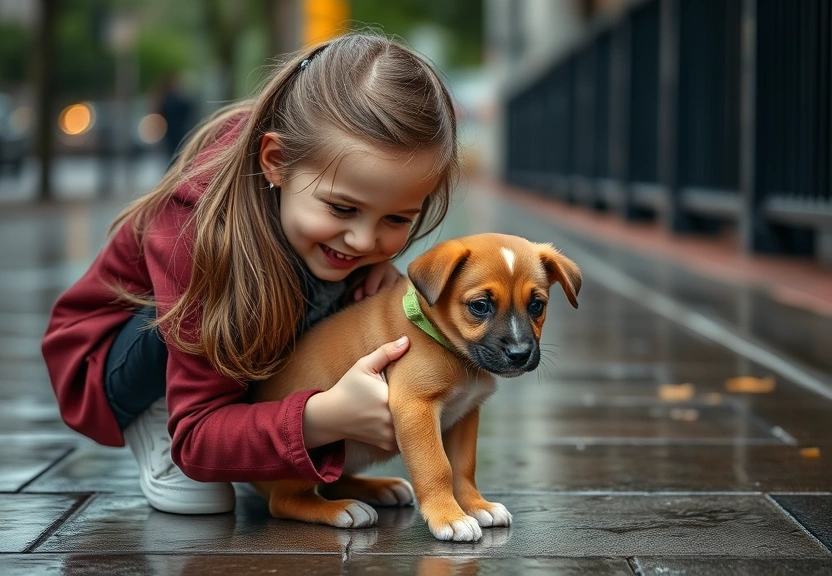 Representação visual de Compassionate Girl Rescues Drenched Stray Puppy from Rainy Sidewalk