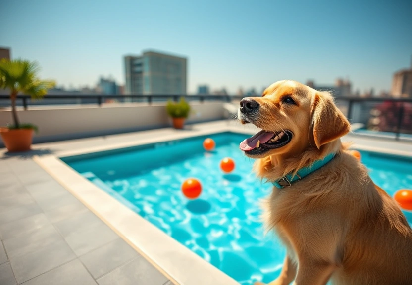 Representação visual de Passerby Captures Joyful Golden Retriever's Rooftop Pool Party Delight