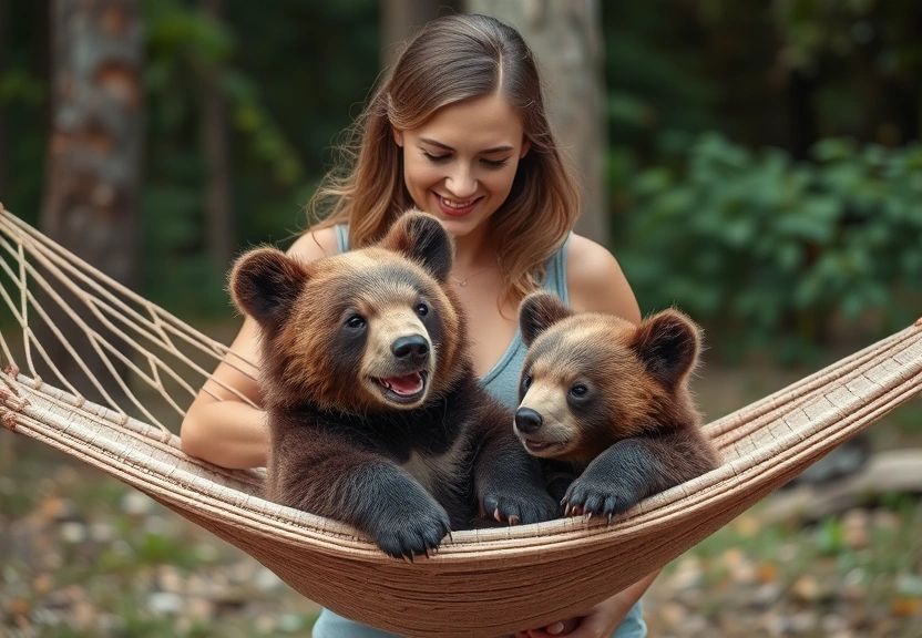 Representação visual de Woman Creates Hammock Playground for Playful Mama Bear and Her Cubs